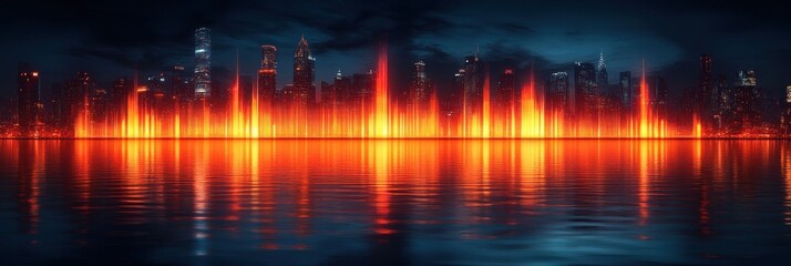 Naklejka premium Fiery cityscape reflected in water