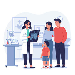 Doctor explaining X-ray to concerned parents and child in a clinic.