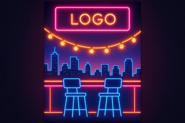 Neon rooftop bar with glowing lights and city skyline at sunset, perfect for nightlife or event promotion design.

