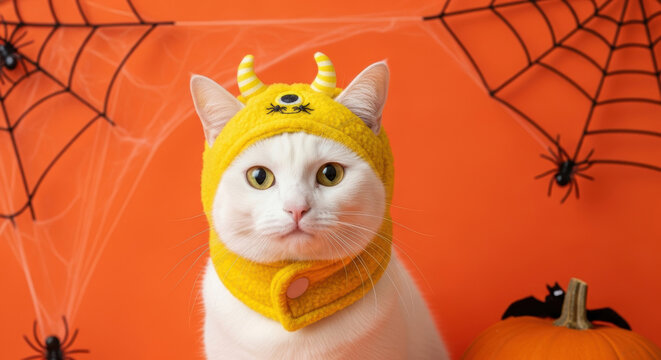 Adorable white cat wearing yellow monster costume hat sits calmly with vivid orange halloween background decorated with spider webs, hanging spiders, and festive pumpkin