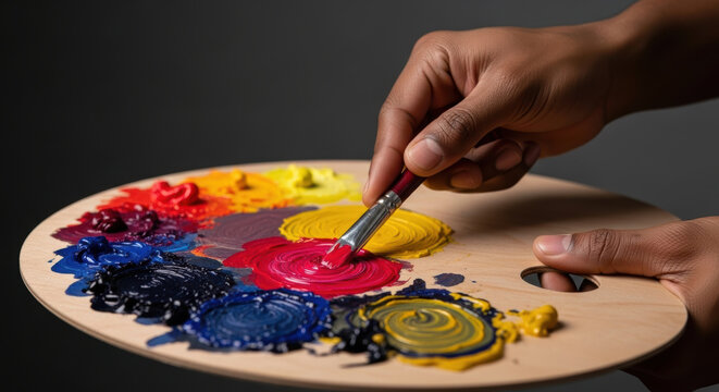 Artist skillfully blends vibrant paint colors on wooden palette using brush, engaging in creative mixing process for expressive contemporary painting on dark background