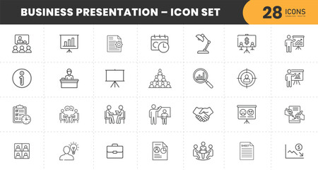  Business Presentation Line Icons Set. Collection of essential symbols for meetings, analytics, strategy, and team collaboration. Perfect for reports, pitches, and corporate design. Editable stroke, p