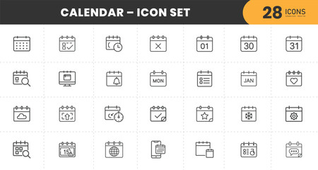  Calendar line icons set. Collection of various date, event, schedule, and time management symbols. Modern outline pixel perfect UI kit for web, app, and interface design. Editable stroke.