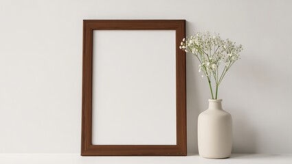 Elegant dark wooden frame mockup with delicate white baby's breath flowers in a minimalist vase.