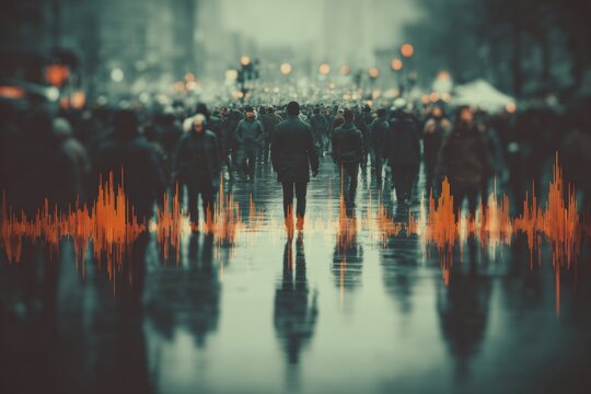 Fototapeta Technology and health on busy city streets. Apple study. Large study highlights tinnitus and heart rate variability link. Stress link. Tech impact.