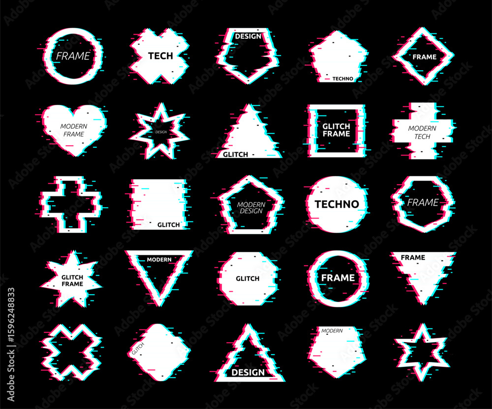 Aufkleber glitch logo. geometric shape with interference. frame circle, square and cross with neon distortion.
