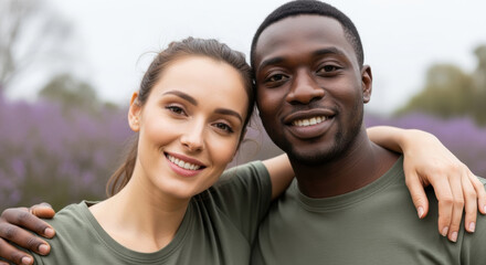 Joyful multicultural couple embracing outdoors, smiling at camera, enjoying time together in nature on a cloudy day happy relationship and togetherness, genuine positive expressions