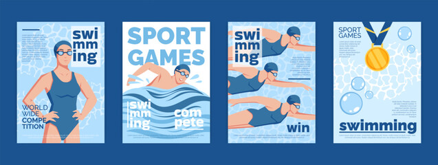 Swimming athlete motion. Abstract sport card design. Summer pool competition. Water action. Flat swim poster in geometric style. Swimmers championship award medal. Vector fitness garish banners set