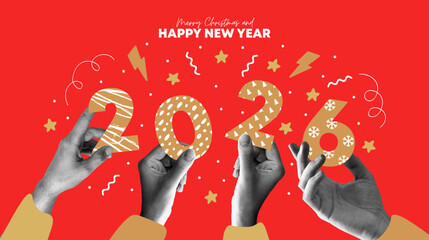 Merry christmas and Happy new year collage design. With hands holding 2026. Colorful collage style illustrations. Vector design for poster, banner, greeting and celebration.	