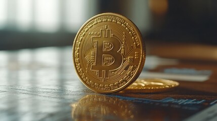 Golden Bitcoin coin on a table