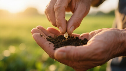 Macro shot of a farmer's hands planting a single seed in fertile soil, representing hope, growth, and a new beginning