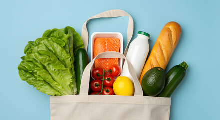 A reusable grocery bag filled with fresh produce salmon milk bread and other assorted food items on blue