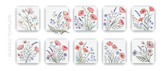 Watercolor wildflower element and bouquet collection