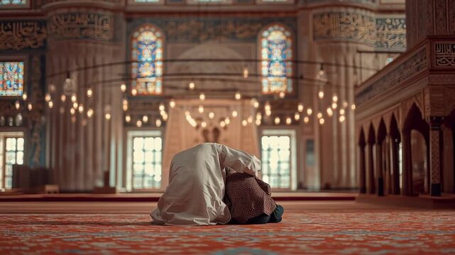 Man and child sitting together on a mosque carpet, facing the prayer area in a peaceful moment of reflection and connection inside a beautifully lit mosque.