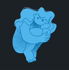 Cubism drawing. Woman pose. Naked girl beauty. Unhappy pose. Minimalist young female nude figure. Blue feminine body painting. Sad emotion expression. Mental depression. Vector abstract sketch card