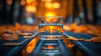 Glass of water reflecting autumn scene