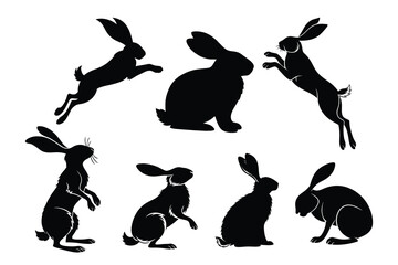 Collection of dynamic rabbit silhouettes in various poses and actions