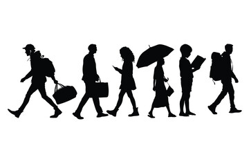 Diverse group of people walking with bags and umbrella silhouette