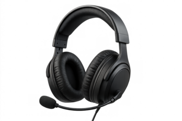 Black over-ear headphones with boom microphone isolated on transparent background, perfect for gaming or online communication