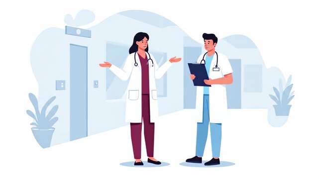 Flat vector two medical professionals, a doctor and a nurse, are having a conversation in a hospital hallway, discussing patient care and treatment options
