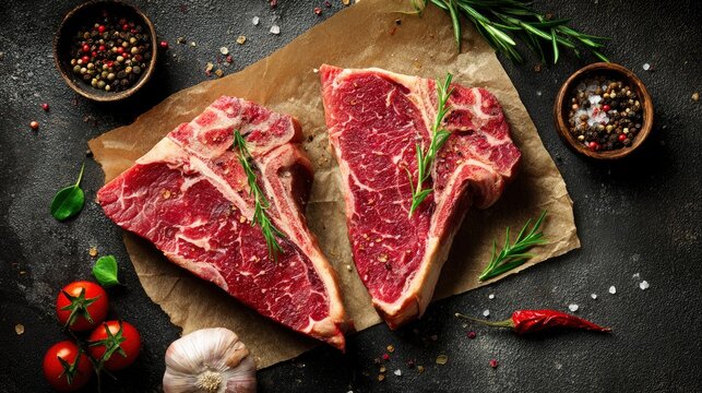 Two raw T-bone steaks displayed with rosemary, spices, garlic, and tomatoes for gourmet cooking.