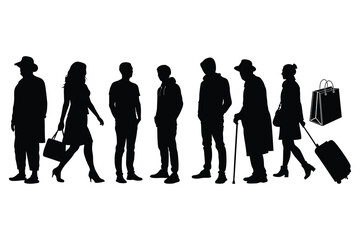 Diverse group of people standing and walking in a line silhouette