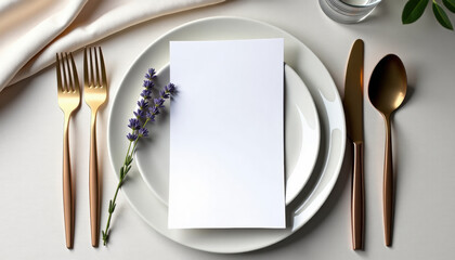 Menu mockup. White and gold wedding menu mockup with lavender