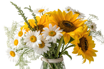 Summer flower bunch with sunflowers and daisies, isolated on transparent background.