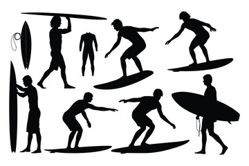 Collection of dynamic surfer silhouettes in various action poses on white background
