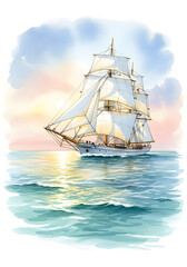Classic Sailing Vessel in Soft Watercolor Illustration