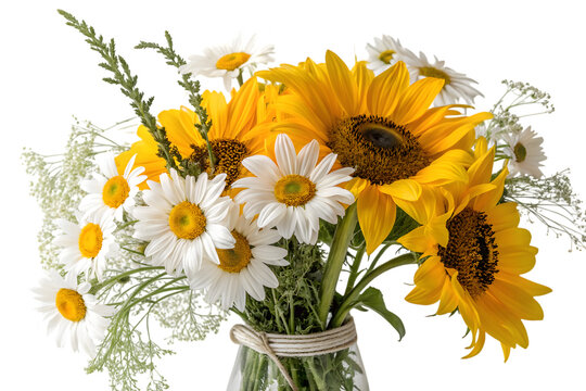 Summer flower bunch with sunflowers and daisies, isolated on transparent background.
