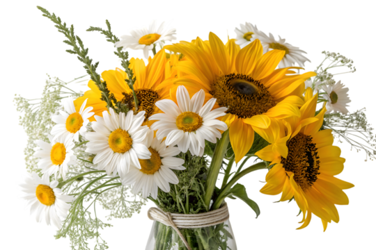 Summer flower bunch with sunflowers and daisies, isolated on transparent background.