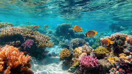 Obraz premium Vibrant coral reef teeming with colorful fish underwater in a healthy marine ecosystem scene