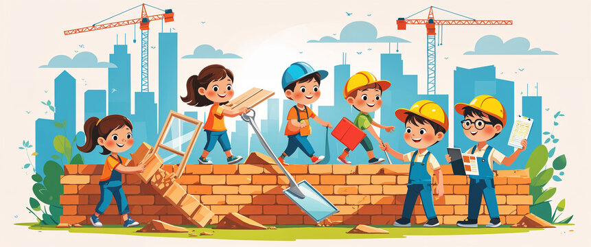 Children playing together at a construction site depicting teamwork and building concepts