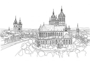 Fototapeta premium Martin Luther Cathedral Erfurt (Erfurter Dom) in Germany one line drawing style 