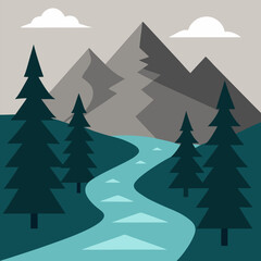 Obraz premium A serene mountain landscape with pine trees and a flowing river in a valley view vector natural background.