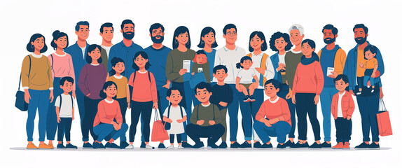 Diverse group of families and friends standing together in a colorful illustration.