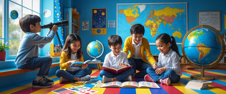 Diverse group of children exploring books and learning in a colorful classroom