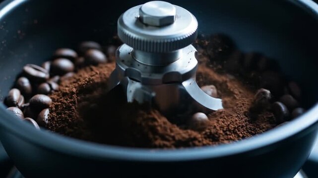 Perfect for coffee brands, cafes, food blogs. Shows coffee bean grinding process in a burr grinder for authentic visual content.