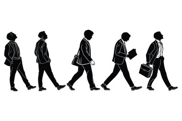 Five businessmen in suits walking in a line silhouette