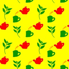 Vibrant seamless pattern featuring red teapots, green mugs, and tea leaves on a yellow background, perfect for textiles or digital designs.