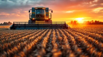 Fototapeta premium Harvester in golden field at sunset