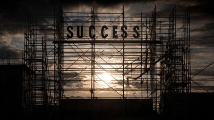 Towering SUCCESS installation scaffolded beneath luminous sky at construction site