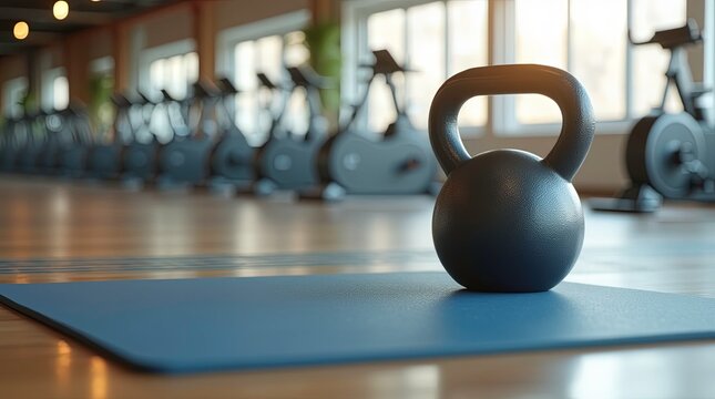 A blue kettlebell sits on the gym floor with sunlight streaming through large windows near by machines, creating a bright and motivating atmosphere.