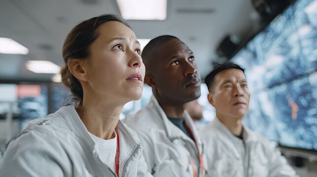 Team focused on mission control operations in a high-tech command center