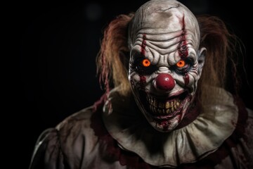 Portrait of a scary clown with red eyes on a black background. Halloween. Horror film. Halloween theme. Evil Clown. Horror movie Concept. Halloween Concept with Copy Space.