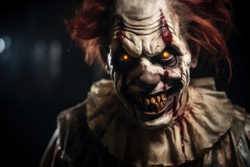 Portrait of a scary clown in the dark. Halloween. Horror. Halloween. Horror film. Halloween theme. Evil Clown. Horror movie Concept. Halloween Concept with Copy Space.