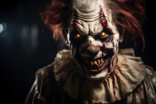 Portrait of a scary clown in the dark. Halloween. Horror. Halloween. Horror film. Halloween theme. Evil Clown. Horror movie Concept. Halloween Concept with Copy Space.