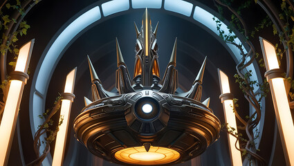 Ornate Futuristic Core Device Glowing Amid Vines and Lights in Mysterious Corridor
