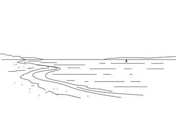 Coastal drawing. It is a black and white outline image of a coastal landscape with a winding shoreline and calm ocean, suggesting a peaceful seascape. Vector sketch line art draw.